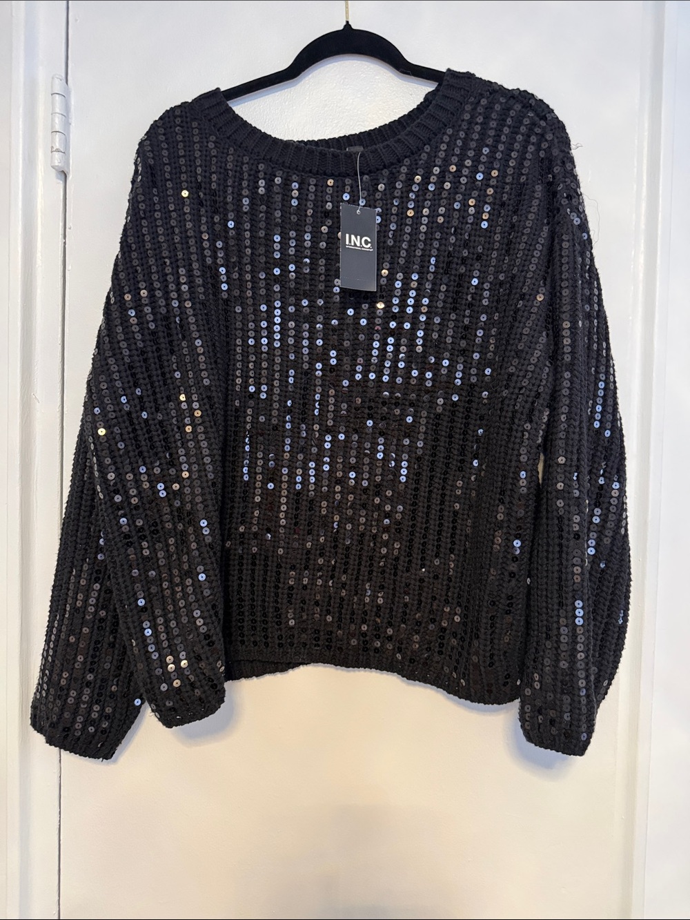 INC International Concepts Black Sequin Crewneck Sweater